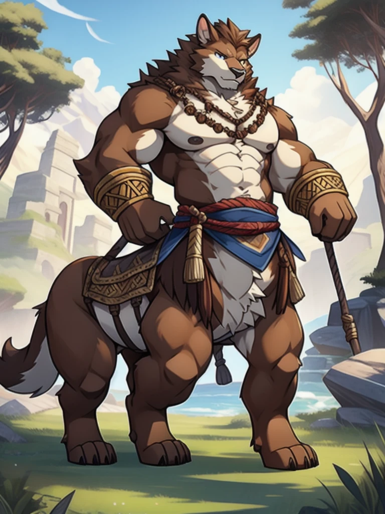 Barbarian fur, fur taur, Brown beartaur, warrior outfit, nude,