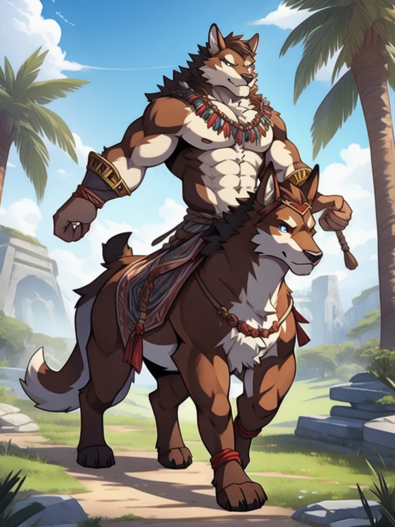 Barbarian fur, fur taur, Brown beartaur, warrior outfit, nude,