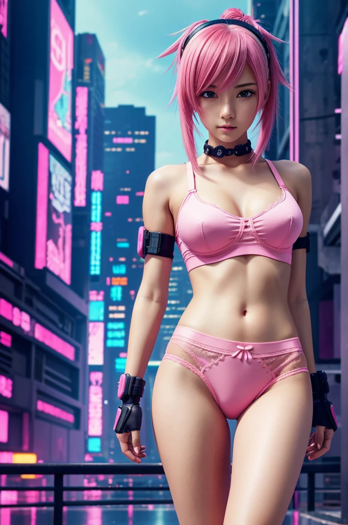 Anime style, a girl, beautiful, pink underwear, cyberpunk scene,