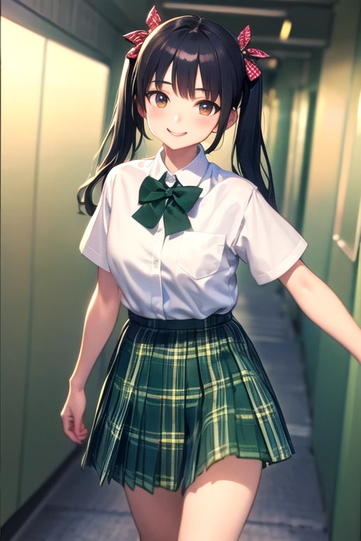 ((Highest quality)), ((masterpiece)), (detailed), Perfect Face, anime, Ultra-fine illustration, ((1 person)), ((Cute girl)), Black hair twin tails, JK Uniform, White shirt, ((Green tartan check skirt)), smile, Low - Angle, (School corridor, Are standing:1.2), summer,