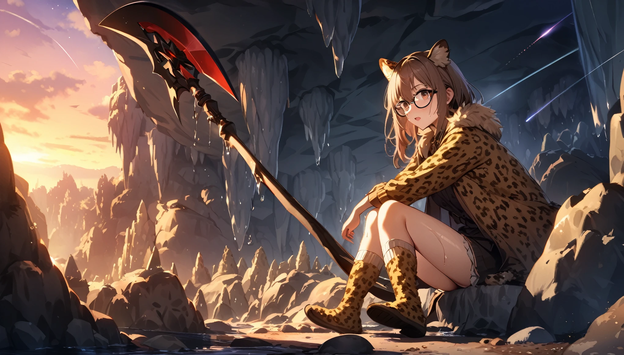 ((best quality)), ((highly detailed)), masterpiece, , (1girl), (glasses),  full body, ((wet knee socks)), -(leopard girl, brown eyes), leopard ears, leopard-print fur, (outdoors, in a dark stone cave, stalagmite, stalactites, twilight, shooting star, sunnyday), scythe, holding scythe