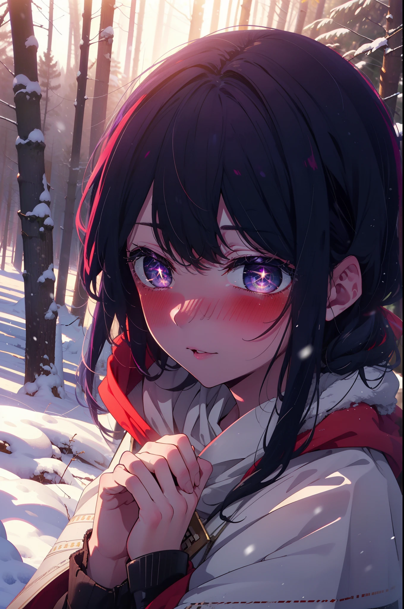 aihoshino, ai hoshino, Long Hair, bangs, (Purple eyes:1.1), Purple Hair, (Symbol-shaped pupil:1.5), smile,,smile,blush,White Breath,
Open your mouth,snow,Ground bonfire, Outdoor, boots, snowing, From the side, wood, suitcase, Cape, Blurred, , forest, White handbag, nature, Squat, Mouth closed, Cape, winter, Written boundary depth, Black shoes, red Cape break looking at viewer, Upper Body, whole body, break Outdoor, forest, nature, break (masterpiece:1.2), Highest quality, High resolution, unity 8k wallpaper, (shape:0.8), (Beautiful and beautiful eyes:1.6), Highly detailed face, Perfect lighting, Extremely detailed CG, (Perfect hands, Perfect Anatomy),