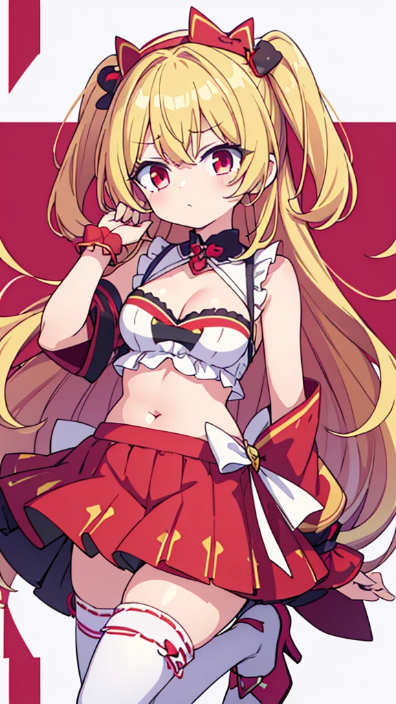 pop idol girl with a magcal girl theme, long blond hair, red eyes, her outfit consists of a belly free top tha shows just a glimbs of cleavage and a frilly skirt as well as heels and thigh high socks all in the same theme and red/white collor sheme,(high quality, master piece, 4k)