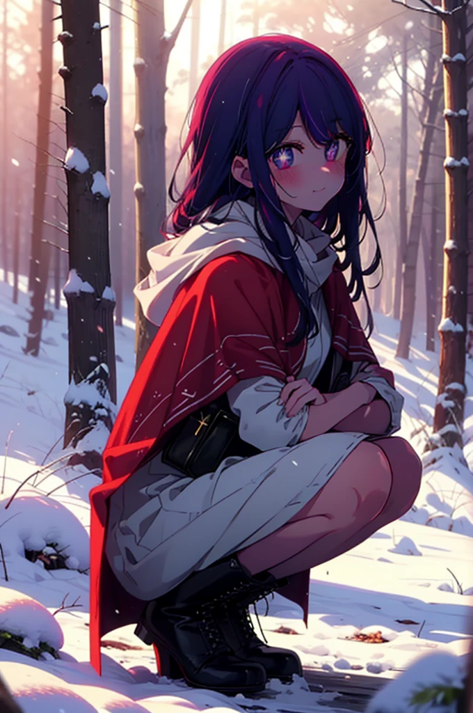 aihoshino, ai hoshino, Long Hair, bangs, (Purple eyes:1.1), Purple Hair, (Symbol-shaped pupil:1.5), smile,,smile,blush,White Breath,
Open your mouth,snow,Ground bonfire, Outdoor, boots, snowing, From the side, wood, suitcase, Cape, Blurred, , forest, White handbag, nature,  Squat, Mouth closed, Cape, winter, Written boundary depth, Black shoes, red Cape break looking at viewer, Upper Body, whole body, break Outdoor, forest, nature, break (masterpiece:1.2), Highest quality, High resolution, unity 8k wallpaper, (shape:0.8), (Beautiful and beautiful eyes:1.6), Highly detailed face, Perfect lighting, Extremely detailed CG, (Perfect hands, Perfect Anatomy),