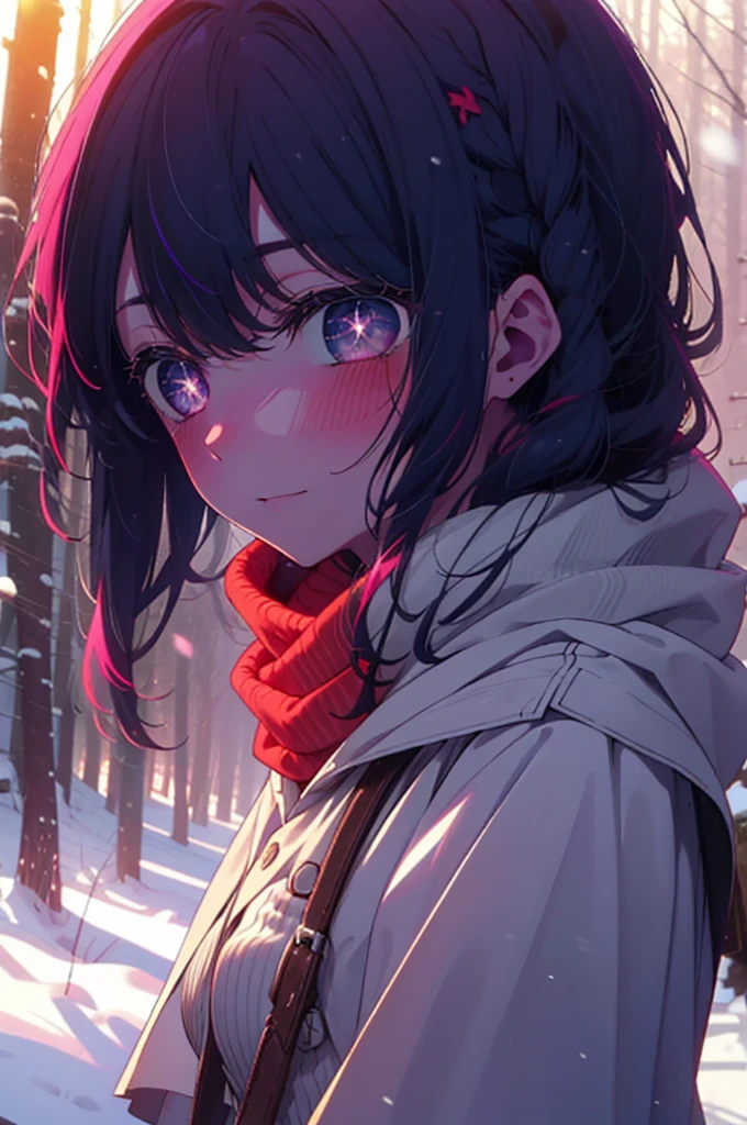 aihoshino, ai hoshino, Long Hair, bangs, (Purple eyes:1.1), Purple Hair, (Symbol-shaped pupil:1.5), smile,,smile,blush,White Breath,
Open your mouth,snow,Ground bonfire, Outdoor, boots, snowing, From the side, wood, suitcase, Cape, Blurred, , forest, White handbag, nature, Squat, Mouth closed, Cape, winter, Written boundary depth, Black shoes, red Cape break looking at viewer, Upper Body, whole body, break Outdoor, forest, nature, break (masterpiece:1.2), Highest quality, High resolution, unity 8k wallpaper, (shape:0.8), (Beautiful and beautiful eyes:1.6), Highly detailed face, Perfect lighting, Extremely detailed CG, (Perfect hands, Perfect Anatomy),