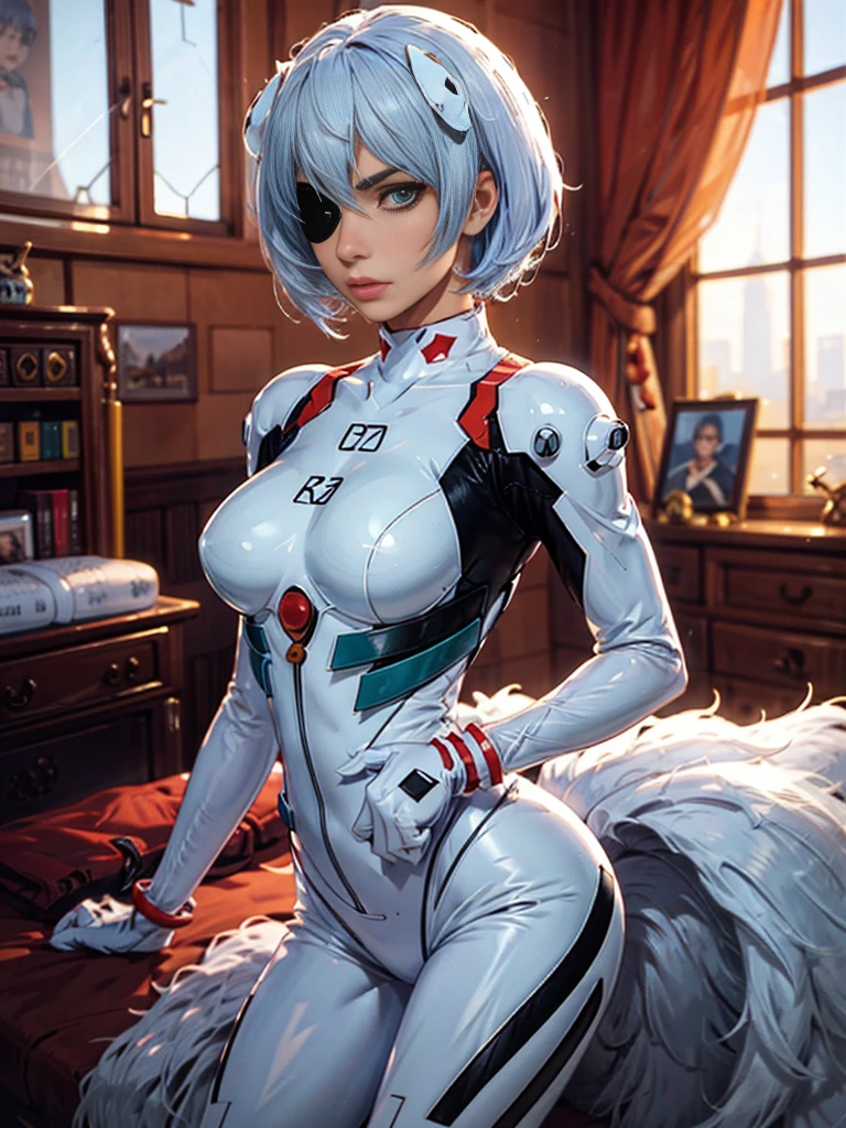 (medical eye patch*1.7), ayanami_rei, 1girl, blue short hair, white hair ornament, white bodysuit,