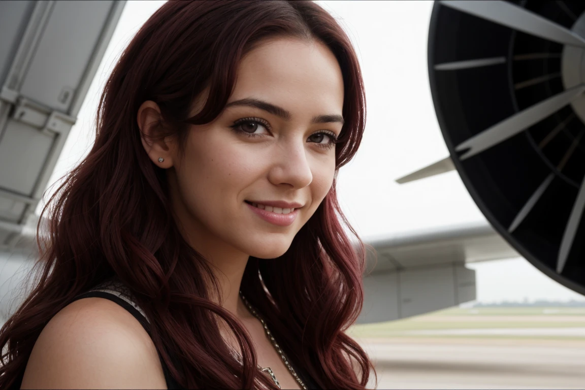 ((cinematic shot)) DV_little finger_Vicious has long curly pink hair and a cute smile and is wearing a heroine outfit. (Inside an airplane hangar overlooking the airfield) explosion, por Christopher Nolan, 35mm, F/2.8, Incredibly detailed and intricate, personaje, hipermaximalista, elegant, florido, hermoso, exotic, revelador, atractivo, atractivo, amatorio, Hyper realistic, super detailed, tendencia en flickr