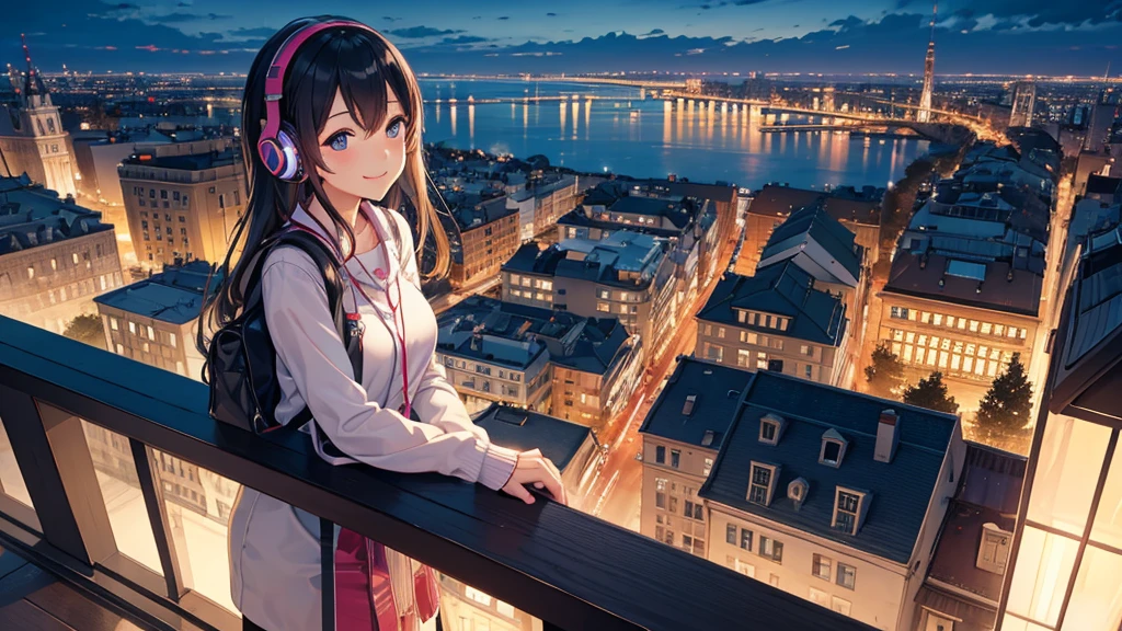 Listening to music through headphones、Smiling woman、Beautiful city from the window、Night view