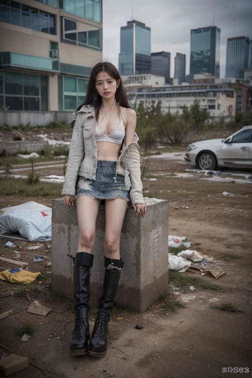 Highest quality，high resolution，(Original Photography:1.3)，A sad woman, 20 years old, Practical, Perfect body，(She wears torn clothes、torn jacket、Torn short skirt、Boots), (City in ruins), Small cleavage，Sexy bulge, Messy long hair， (City in ruins), Delicate face, Mess,  (Milky white liquid on the body、Dirt on the body), Long legs，