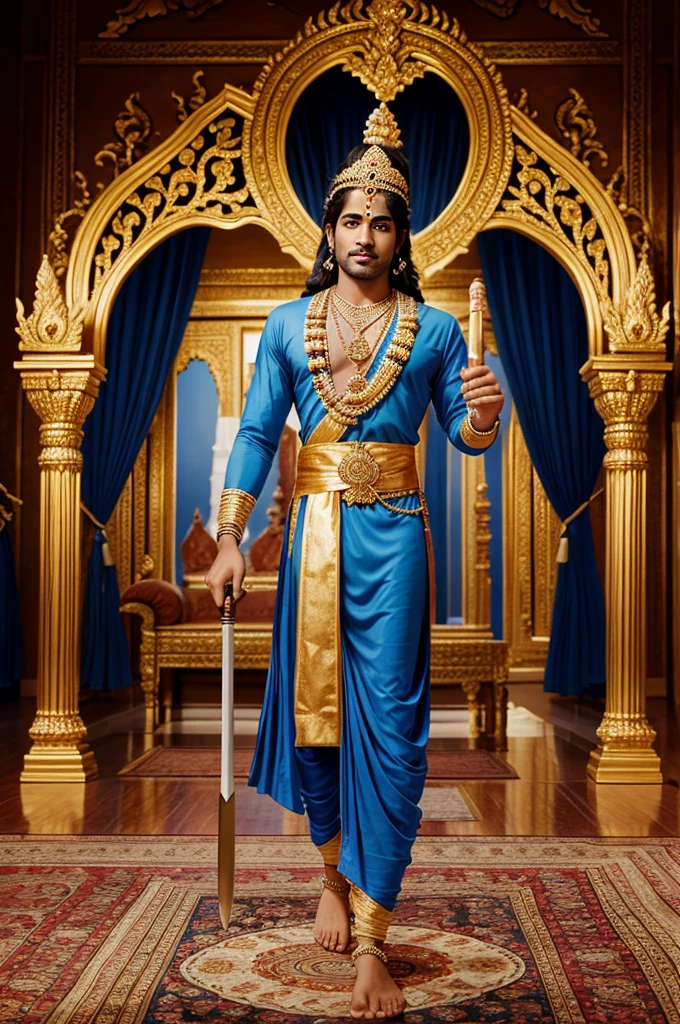 generate image of Show a scene of a grand palace, with Shri Krishna and King Indradyumna standing in a luxurious hall. Shri Krishna ji is adorned with divine aura, dressed in blue, holding a flute in one hand and a sword in the other.