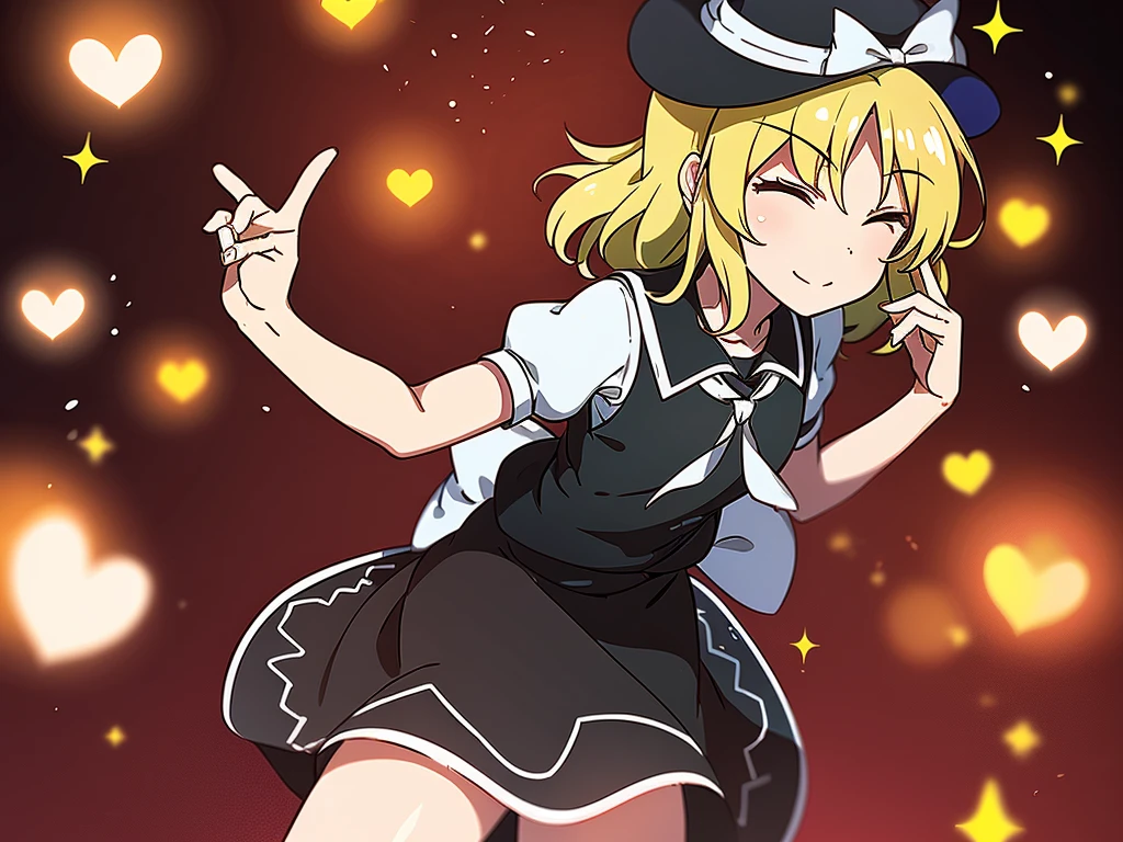 1girl, , , masterpiece, best quality, 10 years old, medium blonde hair, forehead visible bags, yellow eyes, hat, heart, black headwear, puffy short sleeves, log black skirt, heart hads,,1girl, solo, yellow eyes, yellow hair, bow, hat bow, socks, black footwear, black skirt, short sleeves, yuki (touhou), black vest, white sleeves, frill skirt, light smile, from behind, to lift up one’s skirt, cowboy shot, from front, standing , raise one leg, crossed arms, arms up behind, arms behind back, hand between legs, put hands hip, one hand on hip, forward hands, arms raised in the air, punch hands, peace sign, waving, put up index finger, sit, lie down, closed eyes, lie face down, looking back, put one hand chest, leaning forward, cleavage, close up, horizontally outstretched arms, horizontally outstretched legs, front view, front face