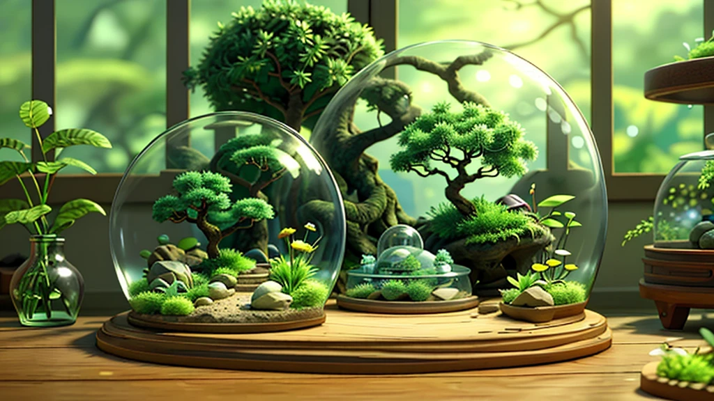 「１Encased in two glass domes、A beautiful and delicate terrarium。Mr.々Various kinds of green plants are harmoniously arranged、Small stones and tree branches are scattered around。Warm natural light pours in、It creates a fantastic atmosphere, as if a small world is spreading inside the terrarium.。Realistic and detailed texture and color、Generate a CG rendered terrarium wallpaper。」