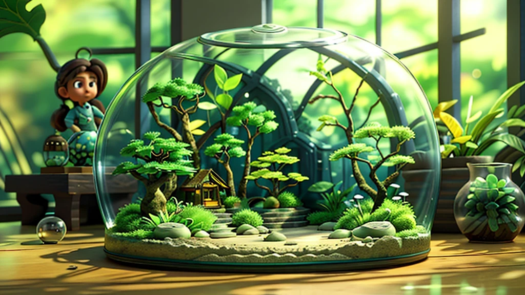 「１Encased in two glass domes、A beautiful and delicate terrarium。Mr.々Various kinds of green plants are harmoniously arranged、Small stones and tree branches are scattered around。Warm natural light pours in、It creates a fantastic atmosphere, as if a small world is spreading inside the terrarium.。Realistic and detailed texture and color、Generate a CG rendered terrarium wallpaper。」