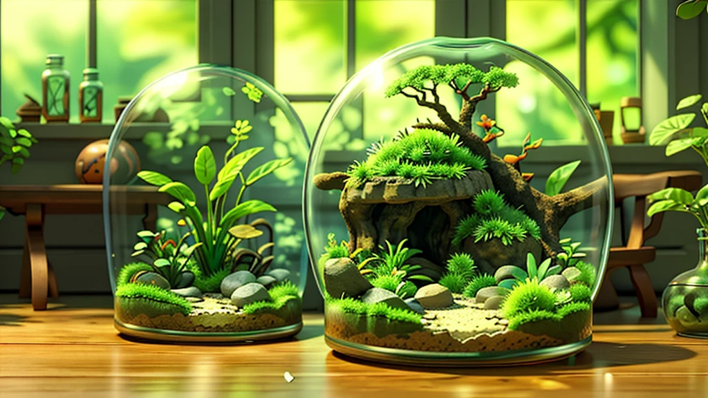 「１Encased in two glass domes、A beautiful and delicate terrarium。Mr.々Various kinds of green plants are harmoniously arranged、Small stones and tree branches are scattered around。Warm natural light pours in、It creates a fantastic atmosphere, as if a small world is spreading inside the terrarium.。Realistic and detailed texture and color、Generate a CG rendered terrarium wallpaper。」