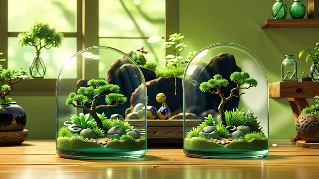 「１Encased in two glass domes、A beautiful and delicate terrarium。Mr.々Various kinds of green plants are harmoniously arranged、Small stones and tree branches are scattered around。Warm natural light pours in、It creates a fantastic atmosphere, as if a small world is spreading inside the terrarium.。Realistic and detailed texture and color、Generate a CG rendered terrarium wallpaper。」