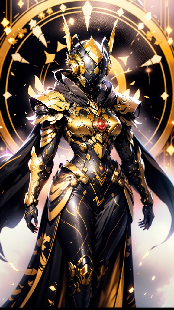 A woman adorned in fantasy-style full-body armor, a crown-concept fully enclosed helmet that unveils only her eyes, a composite layered chest plate, fully encompassing shoulder and hand guards, a lightweight waist armor, form-fitting shin guards, the overall design is heavy-duty yet flexible, (the armor gleams with a golden glow, complemented by red and blue accents), exhibiting a noble aura, she floats above a fantasy-surreal high-tech city, this character embodies a finely crafted fantasy-surreal style armored hero in anime style, exquisite and mature manga art style, (mixture of Queen bee and Spider concept Armor, plasma), ((Element, elegant, goddess, femminine:1.5)), metallic, high definition, best quality, highres, ultra-detailed, ultra-fine painting, extremely delicate, professional, anatomically correct, symmetrical face, extremely detailed eyes and face, high quality eyes, creativity, RAW photo, UHD, 32k, Natural light, cinematic lighting, masterpiece-anatomy-perfect, masterpiece:1.5