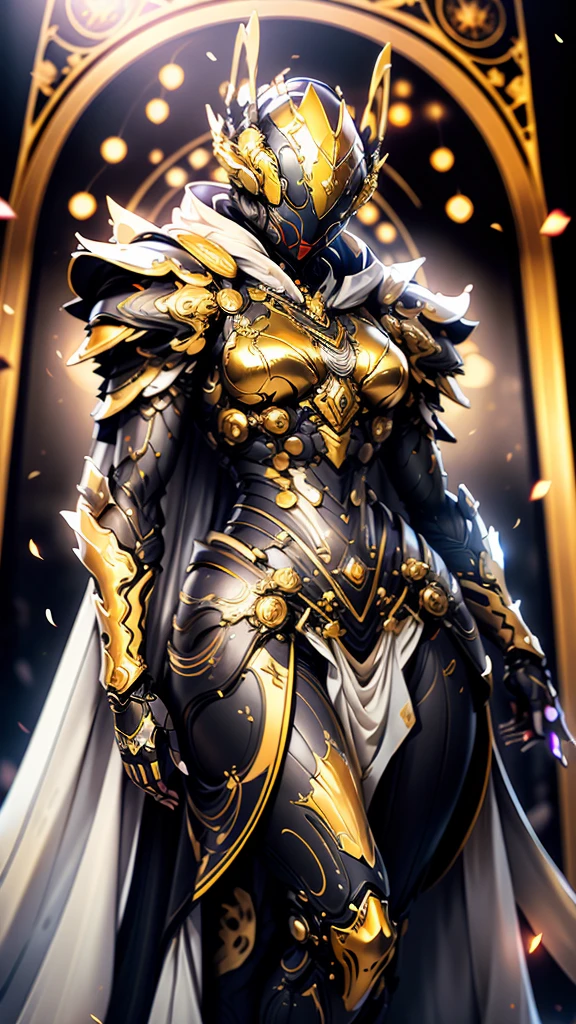 A woman adorned in fantasy-style full-body armor, a crown-concept fully enclosed helmet that unveils only her eyes, a composite layered chest plate, fully encompassing shoulder and hand guards, a lightweight waist armor, form-fitting shin guards, the overall design is heavy-duty yet flexible, (the armor gleams with a golden glow, complemented by red and blue accents), exhibiting a noble aura, she floats above a fantasy-surreal high-tech city, this character embodies a finely crafted fantasy-surreal style armored hero in anime style, exquisite and mature manga art style, (mixture of Queen bee and Spider concept Armor, plasma), ((Element, elegant, goddess, femminine:1.5)), metallic, high definition, best quality, highres, ultra-detailed, ultra-fine painting, extremely delicate, professional, anatomically correct, symmetrical face, extremely detailed eyes and face, high quality eyes, creativity, RAW photo, UHD, 32k, Natural light, cinematic lighting, masterpiece-anatomy-perfect, masterpiece:1.5