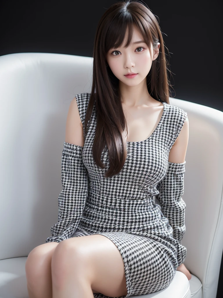 White Room、Houndstooth dress 、(Highest quality)), (Very detailed), ((Very detailed)), 4K, (8k), Highest quality, One person,Kind Face、Soft Light、RAW quality、Thighs、Heel、Sit on a chair