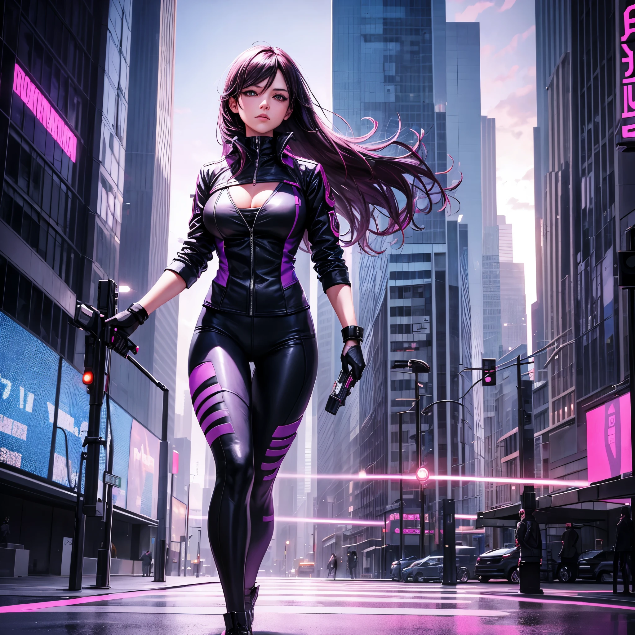 A secret agent women wearing a black spy suit with a little strips of pink, purple and blue. Standing in a city skyline. Realistic digital art