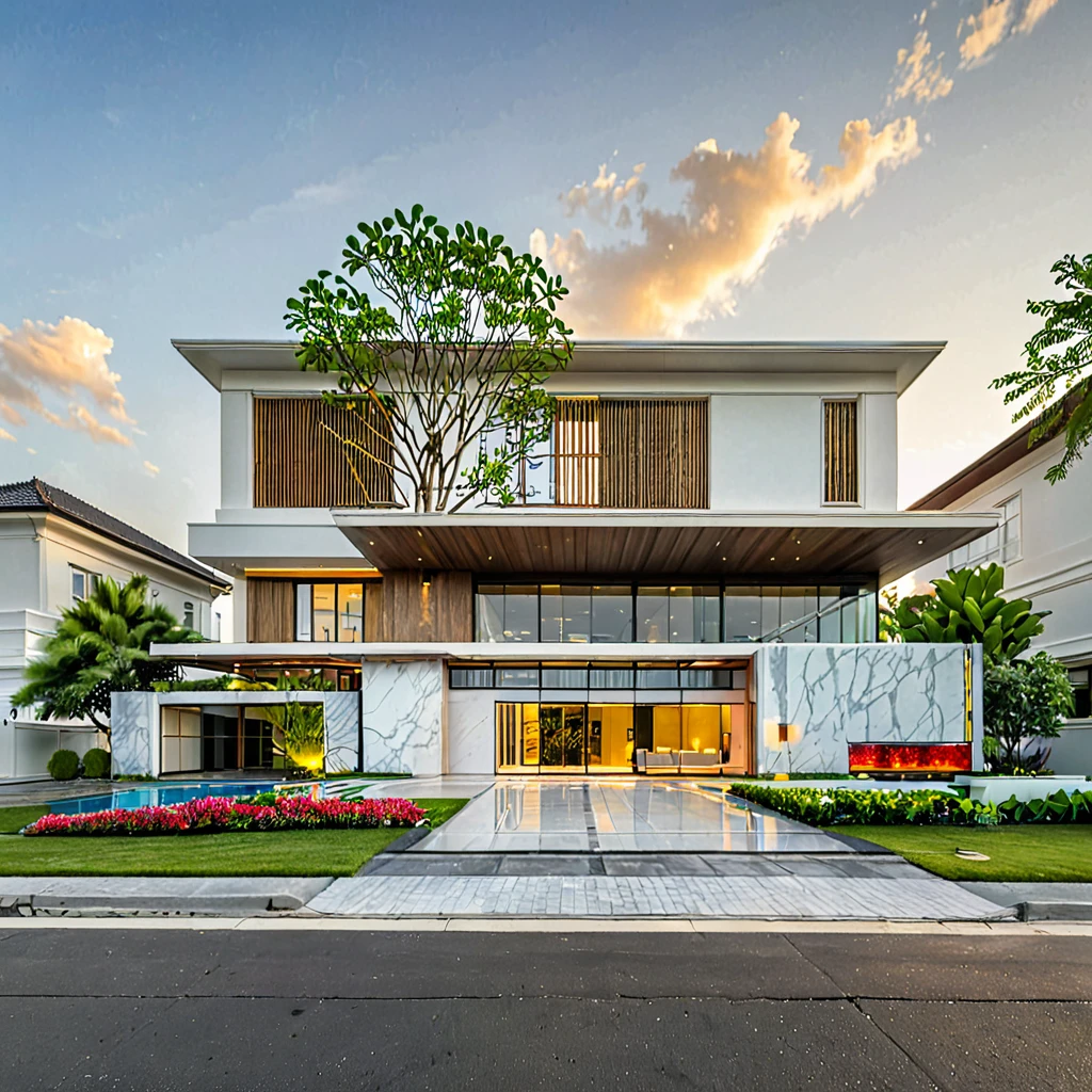 modern villa on street, (sunset), tropical tree, vivid colour, streetcapes, white tone, white wall, large glass door, (warm interior lighting:1.2), wood and marble, best quality, 18ArchiAI_VL-v1