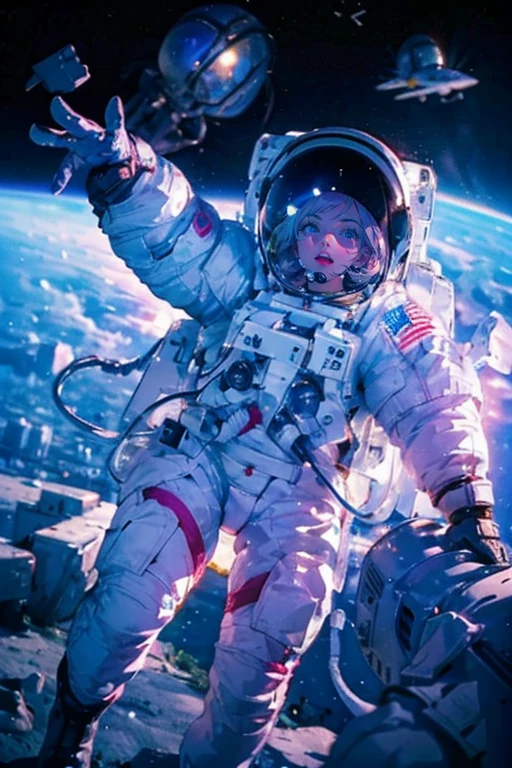 1girl,solo,cute,pink hair,blue eyes,spacesuits, astronaut girl,astronaut helmet,in space,she is floating in space, background planet and earth and stars,beautiful,fantastic,vivid