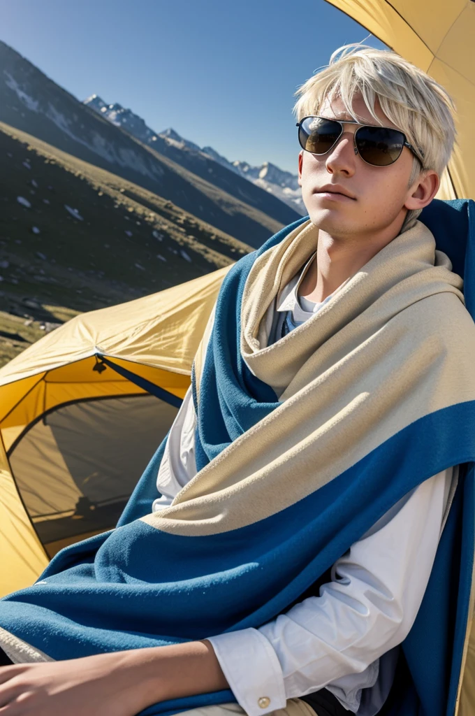 ((best quality)), ((masterpiece)), (detailed) A 13-year-old boy with medium-sized pale yellow pale-white hair and blue eyes, wearing sunglasses, is sitting next to a tent in the mountains, with a blanket thrown over his shoulders.