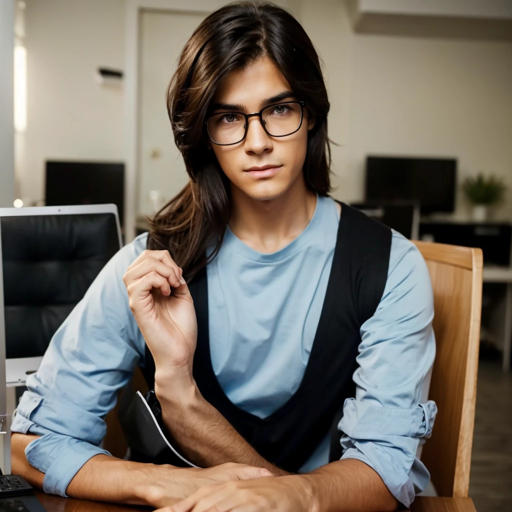 OK,This is a detailed prompt word for generating a real person photo:
---
**Prompt:**
Create a high-resolution, realistic photo of a young man with the following characteristics:
- **Facial Structure:** Oval-shaped face with a well-defined jawline.
- **Eyes:** Almond-shaped, expressive dark brown eyes framed by stylish, clear rectangular glasses.
- **Eyebrows:** Neatly groomed, slightly arched dark eyebrows.
- **Nose:** Straight and proportionate nose.
- **Mouth:** Full lips with a slight natural color.
- **Hair:** Neatly styled, dark black hair with a slight wave, parted to the side.
- **Skin Tone:** Fair and smooth complexion.
- **Outfit:** Wearing a light blue shirt with a black tactical vest, and a lanyard with a name badge. The badge should display an official-looking logo.
- **Expression:** Calm and attentive, suggesting a professional demeanor.
- **Setting:** Seated at a desk with a nameplate in the foreground. The background should suggest a modern office environment.
This photo should capture the professional and composed nature of the individual in a realistic setting.
--- Use this prompt to generate a real person photo。