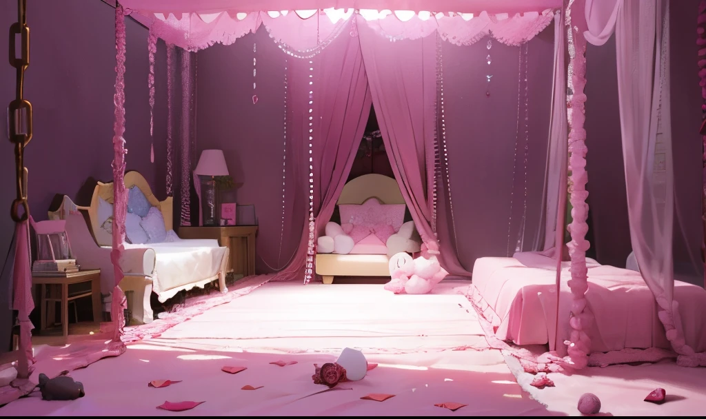 pink room, a large pink bed with a white canopy, dark, nighttime, many toys around the room, stuff animal, chains attached the wall, flower carpet, pink floor, scary, messy room, heavy chains attached the bedposts, pink walls, best quality