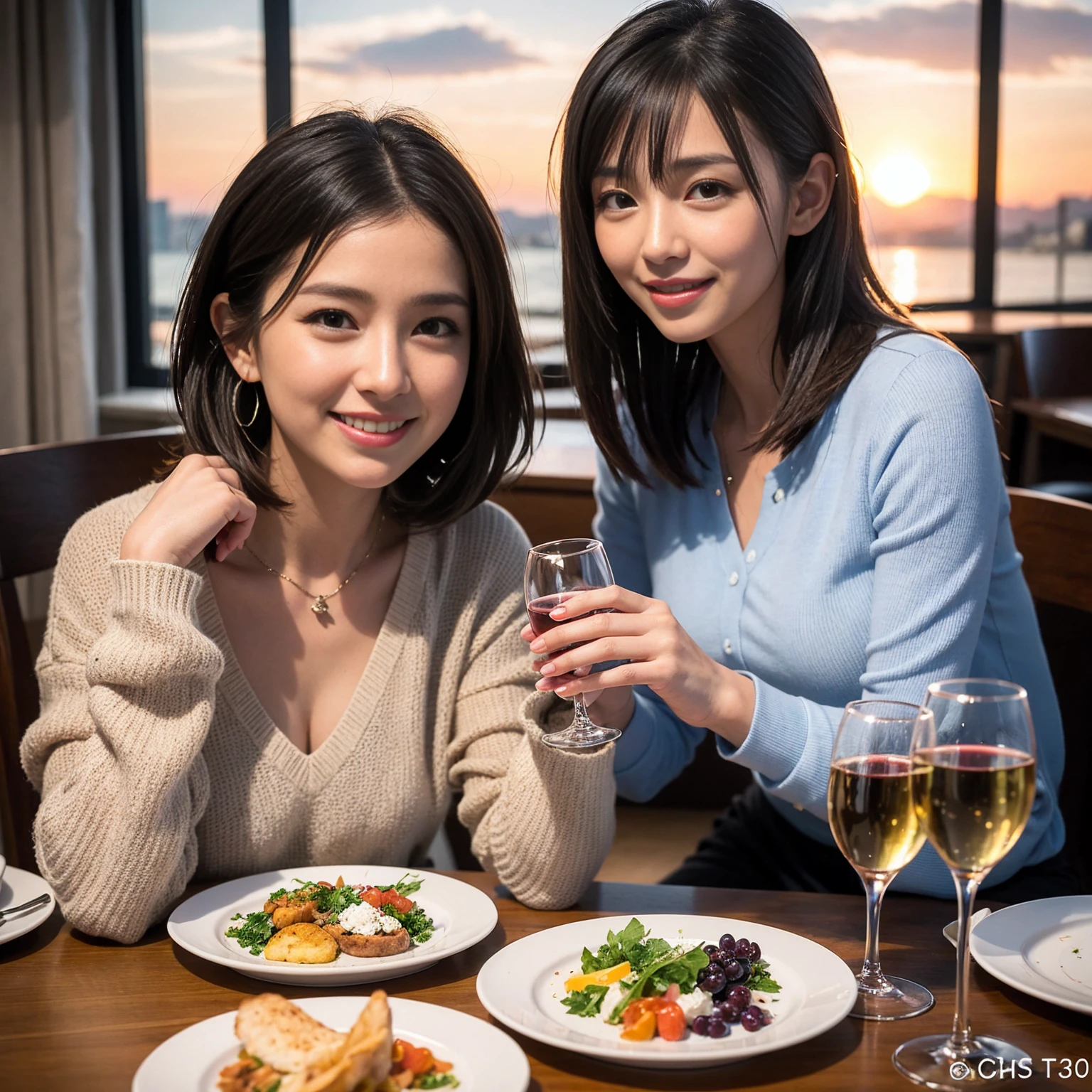 ((Highest quality、8k、masterpiece:1.3))、 (Genuineistic, Genuine、Bright image、Intricate details:1.2), 最高のsmile、1 male, 1 female、Beautiful couple、spouse、Lovers、Good friend、actress couple、smile、Full-course dinner at a packed table、 (Slim face), (the body is slim), (Brown Hair), (short hair), テーブルのwine glass、Please shine a light on my face、 Amazing view of the sunset sky and clouds、 (33 years old)38 years old, red wine 、Appetizers、Wine bottle、sparkling wine、Long sleeve shirt、dress、White wine, red wine, wine glass,