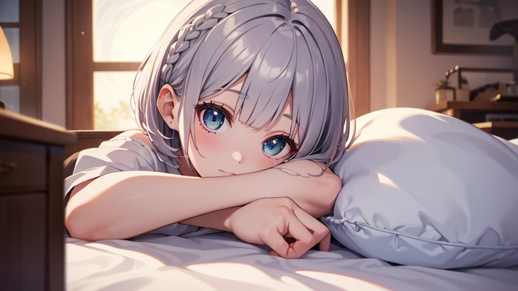 Ultra-high resolution,masterpiece, Attention to detail, Highest quality, 4K,(Silver braided short bob),(heavy chest,Captivating body、Ultra-detailed skin、Beautiful eyes、Detailed Background),1 girl、(lie face down, sleeping)、bed、night、I can see the moon from the window