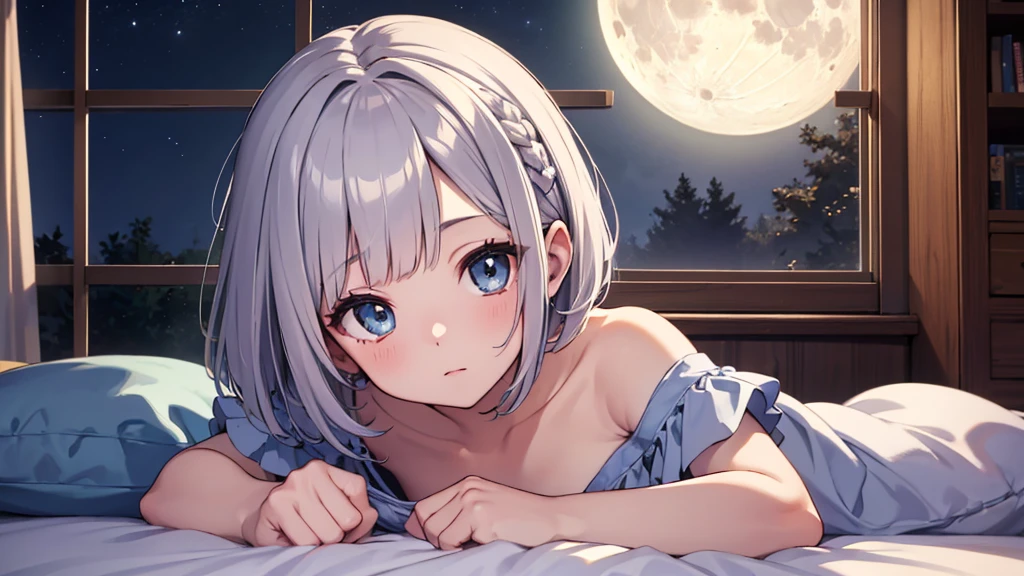 Ultra-high resolution,masterpiece, Attention to detail, Highest quality, 4K,(Silver braided short bob),(heavy chest,Captivating body、Ultra-detailed skin、Beautiful eyes、Detailed Background),1 girl、(lie face down, sleeping)、bed、night、I can see the moon from the window