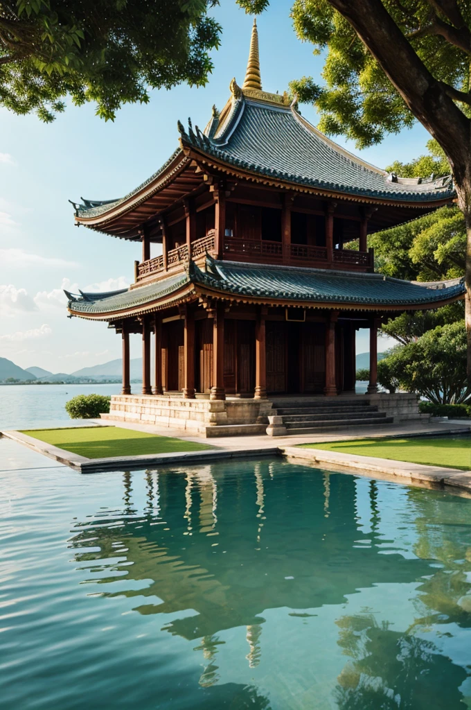 a temple surrounded by water on all sides