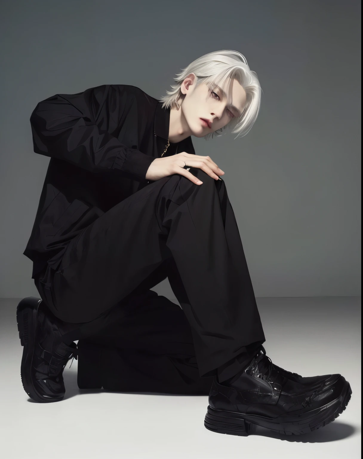 a man with white hair and black pants sitting on a white floor, cai xukun, jung jaehyun, hyung tae, taejune kim, johan liebert, xqc, portrait of jossi of blackpink, androgynous male, beautiful androgynous prince, steven jung, hsiao-ron, androgynous person, johan liebert mixed with alucard