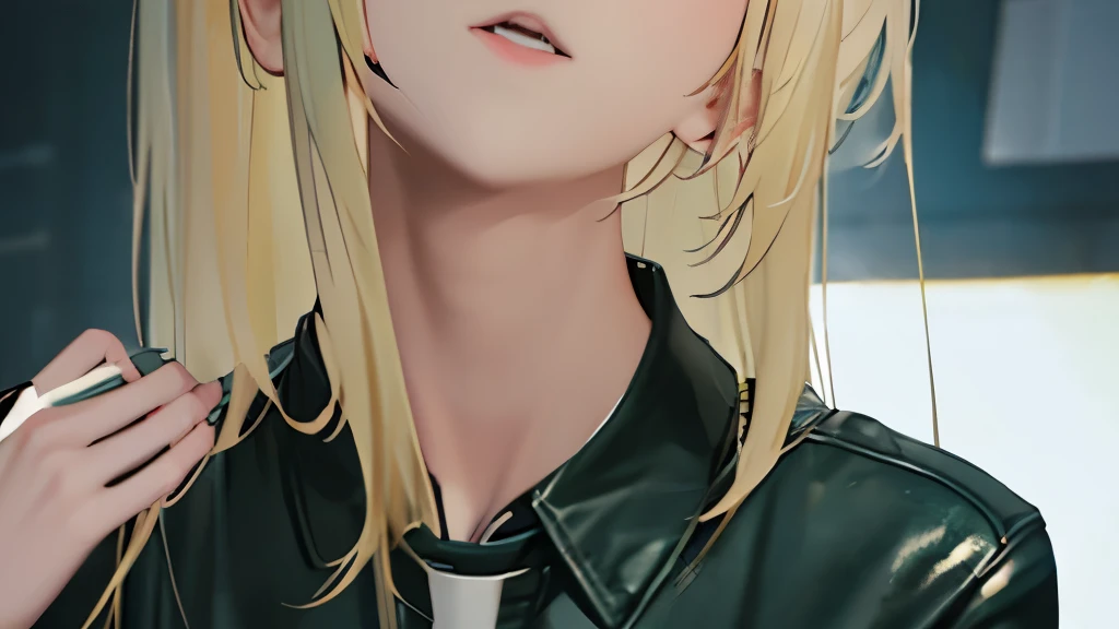Black Tears、Korean、1 girl、blonde、amount、Green Leather Shirt、Raise your collar、Look up、