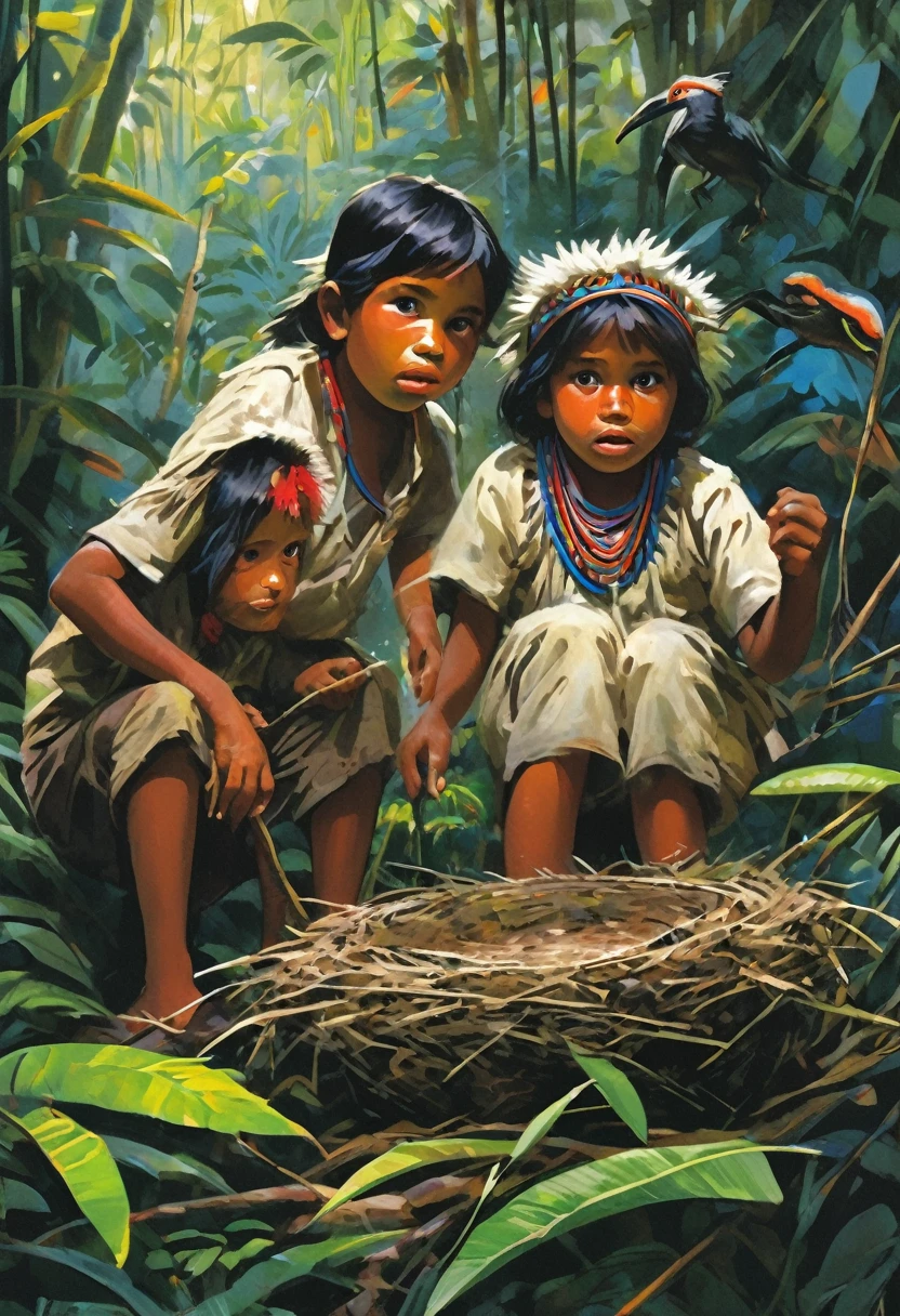 Two Indigenous kids surprised finding a nest of birds on Amazonia forest