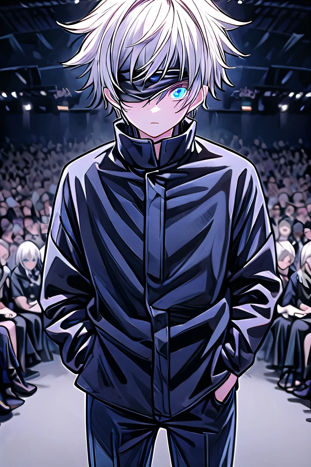 (Looking at the audience:1.2) (whole body) 1 boy, Gojo Satoru, permanent, Hands in pockets, blue eyes, Detailed student, Colored eyelashes, Blindfolded, Hair between the eyes, White hair, short hair, Open your mouth, muscular, Boss, Black jacket, Black pants, glow, absurd, Intricate details, masterpiece, best quality, high resolution, 8K  