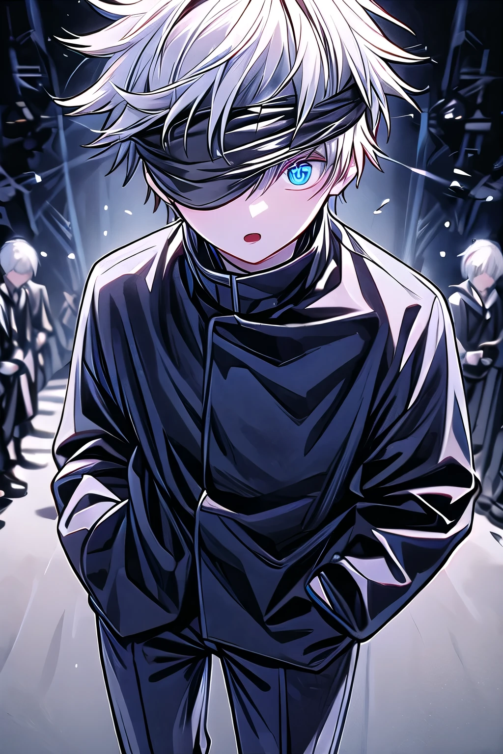 (Looking at the audience:1.2) (whole body) 1 boy, Gojo Satoru, permanent, Hands in pockets, blue eyes, Detailed student, Colored eyelashes, Blindfolded, Hair between the eyes, White hair, short hair, Open your mouth, muscular, Boss, Black jacket, Black pants, glow, absurd, Intricate details, masterpiece, best quality, high resolution, 8K  