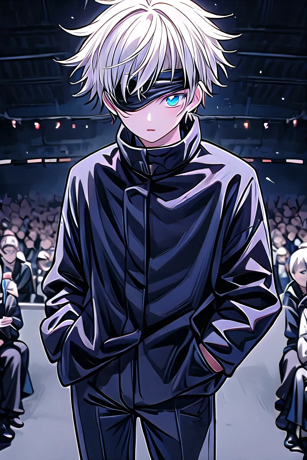 (Looking at the audience:1.2) (whole body) 1 boy, Gojo Satoru, permanent, Hands in pockets, blue eyes, Detailed student, Colored eyelashes, Blindfolded, Hair between the eyes, White hair, short hair, Open your mouth, muscular, Boss, Black jacket, Black pants, glow, absurd, Intricate details, masterpiece, best quality, high resolution, 8K  