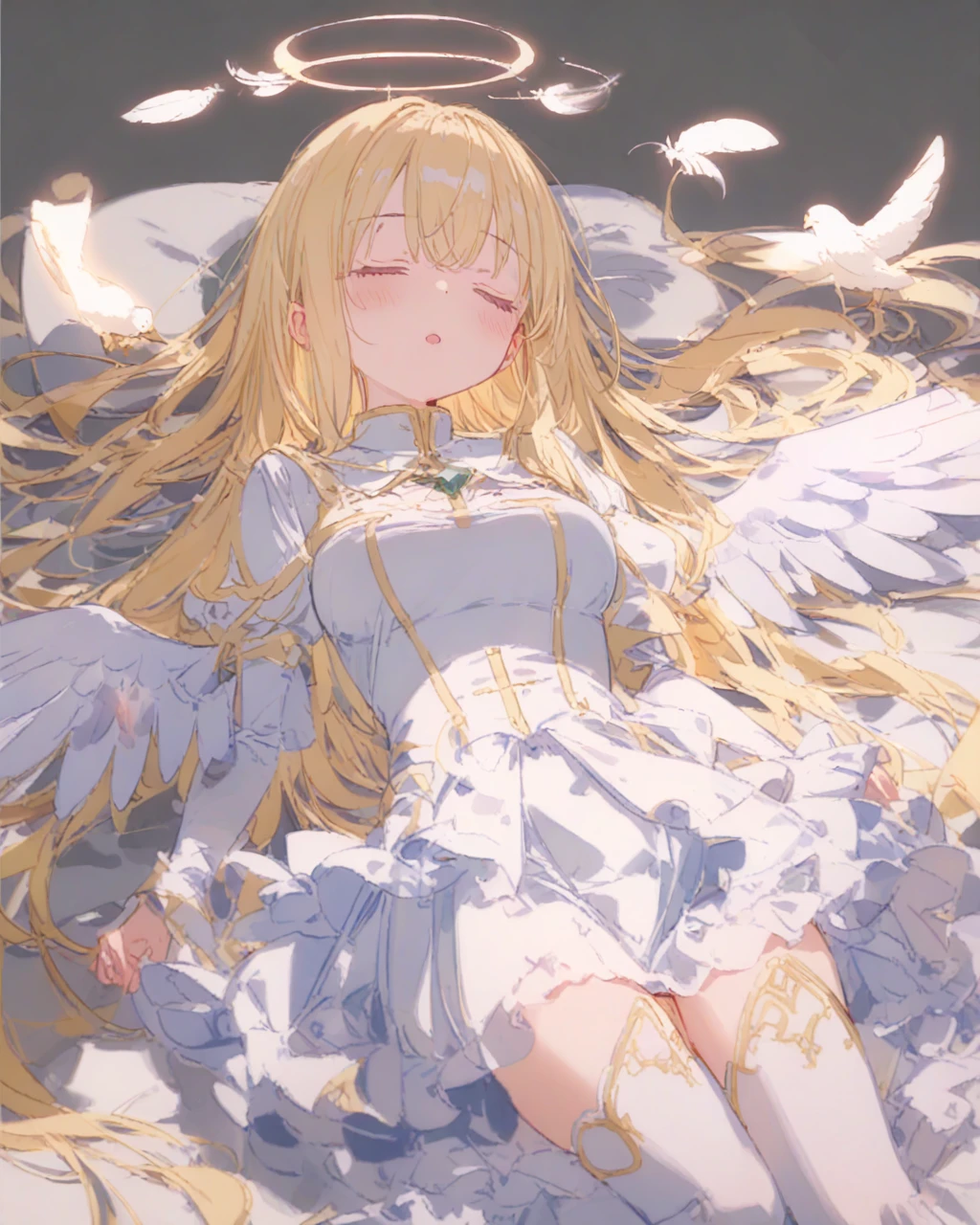 score_9, anime_Coloring, One Girl, Angel, Angel girl, Pink Healer Uniform, Shrine maiden, skirt, Knee socks, Short lace-up boots, Angel wings, Medium Long Hair, Long sleeve, Blonde long hair, (close your eyes, Hollow Eyes, Long lower eyelashes:1.2), Lie in, sleep, Inner thighs, Large Breasts, Open your mouth, blush, Simple Background, Feathers are flying, from the front