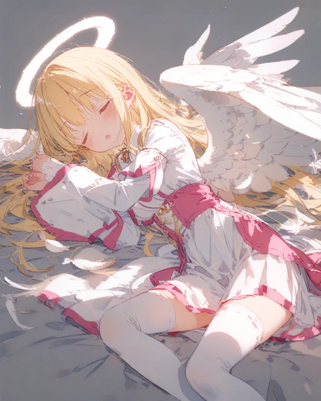score_9, anime_Coloring, One Girl, Angel, Angel girl, Pink Healer Uniform, Shrine maiden, skirt, Knee socks, Short lace-up boots, Angel wings, Medium Long Hair, Long sleeve, Blonde long hair, (close your eyes, Hollow Eyes, Long lower eyelashes:1.2), Lie in, sleep, Inner thighs, Large Breasts, Open your mouth, blush, Simple Background, Feathers are flying, from the front