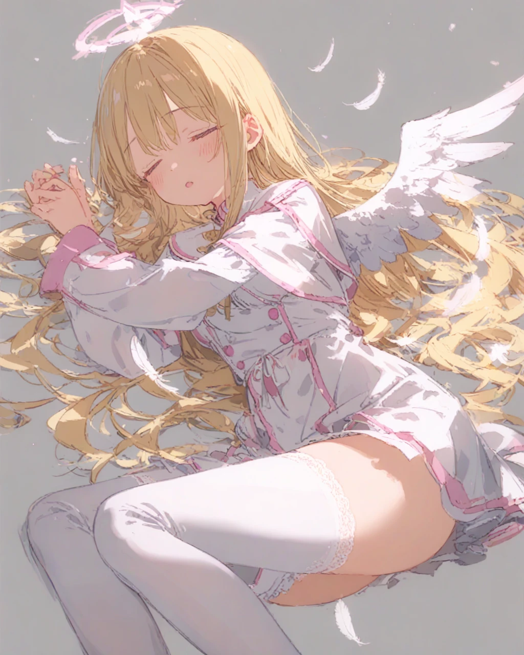 Anime style. Girl. Full-body. world of swords and sorcery. Angel. naked. Knee-high socks. Big tits. Lying down and opening his crotch. Sleeping with mouth wide open.