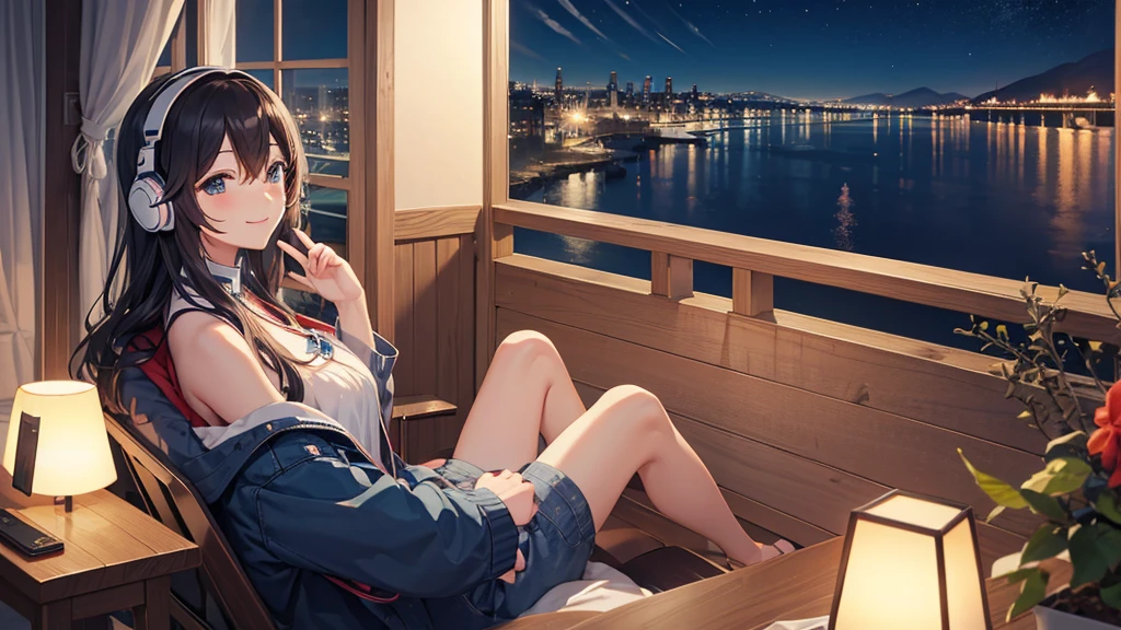 Listening to music through headphones、Smiling woman、Beautiful sea from the window、Night view