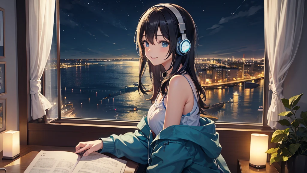 Listening to music through headphones、Smiling woman、Beautiful sea from the window、Night view