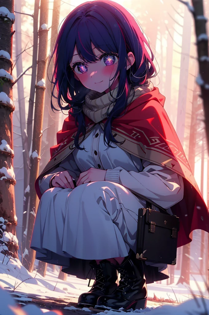 aihoshino, ai hoshino, Long Hair, bangs, (Purple eyes:1.1), Purple Hair, (Symbol-shaped pupil:1.5), smile,,smile,blush,White Breath,
Open your mouth,snow,Ground bonfire, Outdoor, boots, snowing, From the side, wood, suitcase, Cape, Blurred, , forest, White handbag, nature,  Squat, Mouth closed, Cape, winter, Written boundary depth, Black shoes, red Cape break looking at viewer, Upper Body, whole body, break Outdoor, forest, nature, break (masterpiece:1.2), Highest quality, High resolution, unity 8k wallpaper, (shape:0.8), (Beautiful and beautiful eyes:1.6), Highly detailed face, Perfect lighting, Extremely detailed CG, (Perfect hands, Perfect Anatomy),