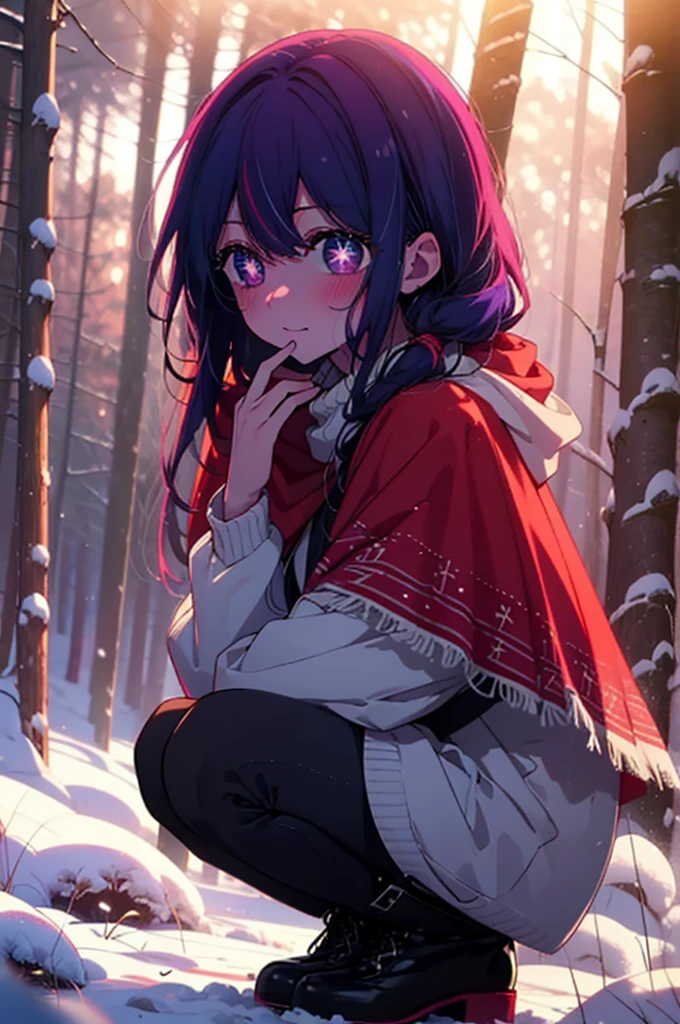 aihoshino, ai hoshino, Long Hair, bangs, (Purple eyes:1.1), Purple Hair, (Symbol-shaped pupil:1.5), smile,,smile,blush,White Breath,
Open your mouth,snow,Ground bonfire, Outdoor, boots, snowing, From the side, wood, suitcase, Cape, Blurred, , forest, White handbag, nature,  Squat, Mouth closed, Cape, winter, Written boundary depth, Black shoes, red Cape break looking at viewer, Upper Body, whole body, break Outdoor, forest, nature, break (masterpiece:1.2), Highest quality, High resolution, unity 8k wallpaper, (shape:0.8), (Beautiful and beautiful eyes:1.6), Highly detailed face, Perfect lighting, Extremely detailed CG, (Perfect hands, Perfect Anatomy),