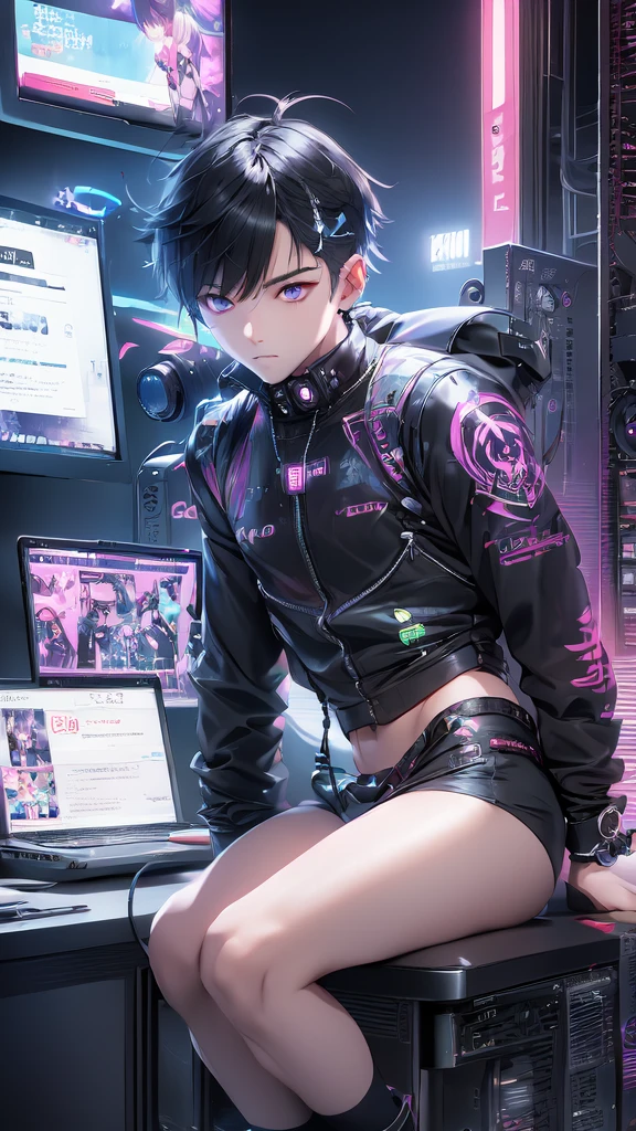  anime boy sitting in front of a computer desk, cyberpunk art by Yuumei, trending on pixiv, computer art, nightcore, anime style 4 k, seductive anime, cyber school, cyberpunk anime, high quality anime artstyle,