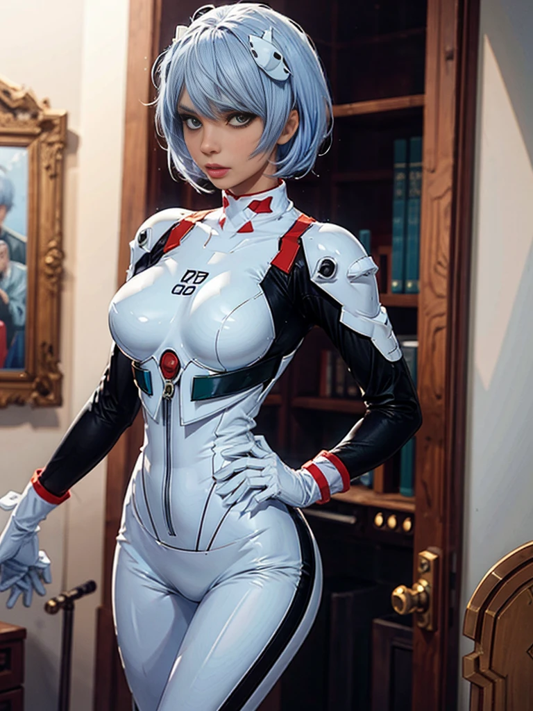 (medical white eye patch*1.7), ayanami_rei, 1girl, blue short hair, white hair ornament, white bodysuit,