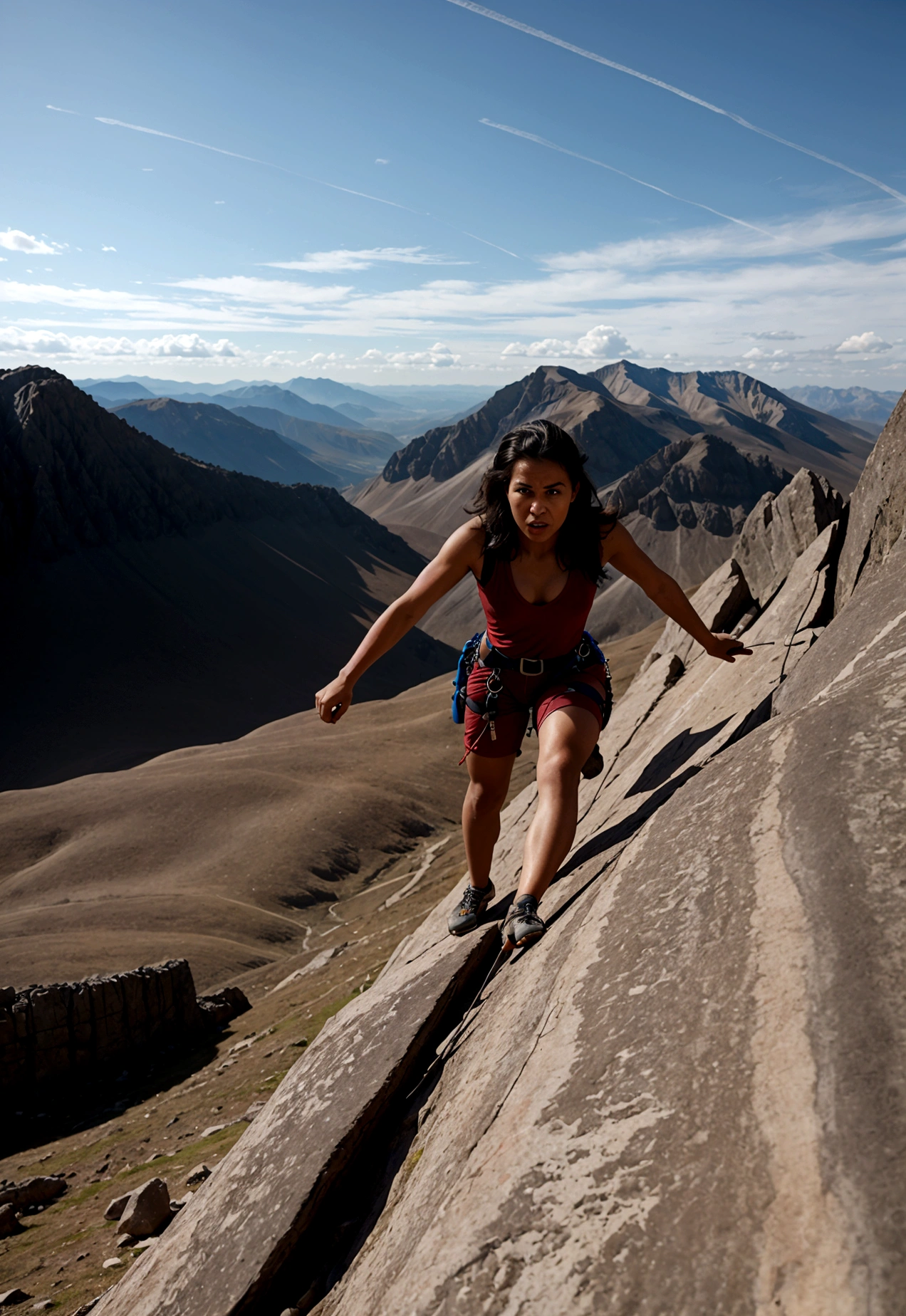 Determined and courageous person facing challenges, climbing a mountain. The person's expression must be one of confidence and courage. Include visual elements that represent obstacles and overcoming, and use a color palette that evokes strength and determination.