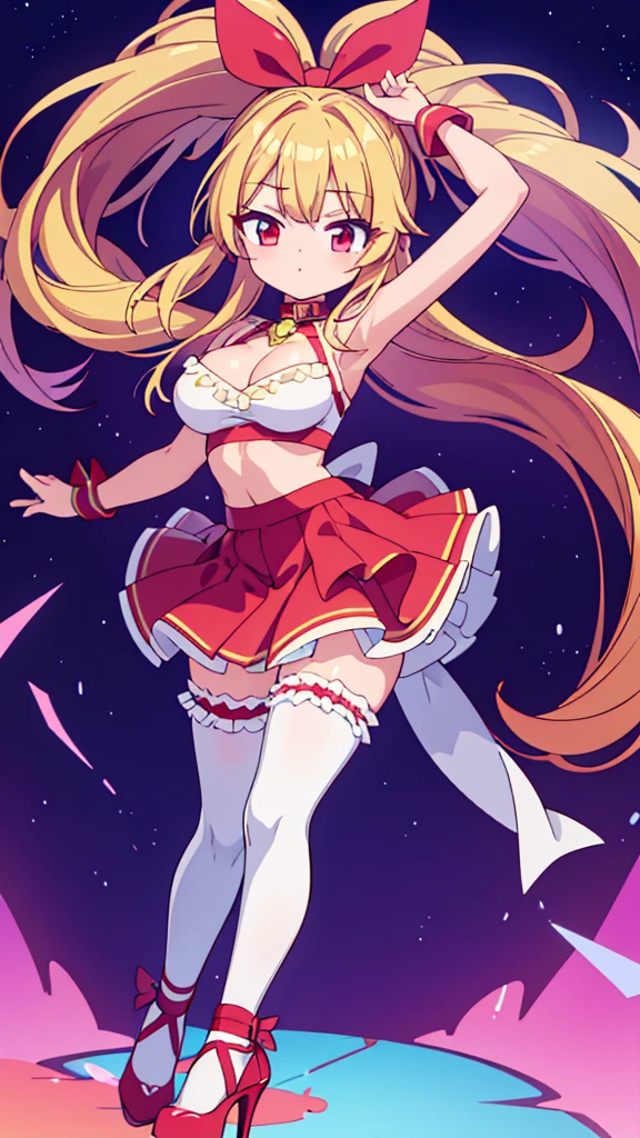 19 years old pop idol girl with a magcal girl theme, long blond hair, red eyes, her outfit consists of a belly free top tha shows just a glimbs of cleavage and a frilly skirt as well as heels and thigh high socks all in the same magical girl theme and collor sheme,(high quality, master piece, 4k)