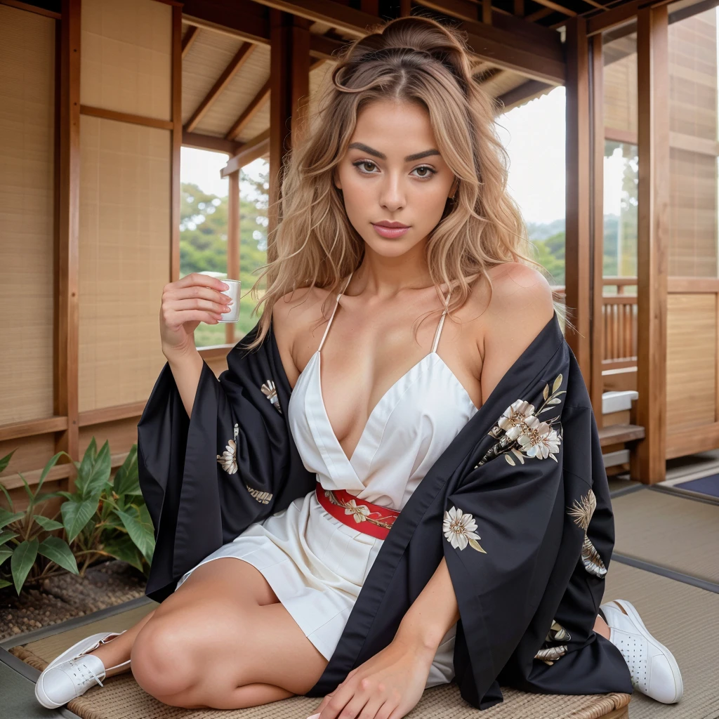 In this fascinating scene, our 21-year-old American influencer radiates her charm as she immerses herself in a different activity at an exclusive event. Her presence is always dazzling, showing her versatility and grace at every moment.
This time, we find her in Japan. Dressed in a traditional Japanese kimono; elegant, our influencer demonstrates that style can be a form of self-expression. She wears a uniquely designed traditional Japanese kimono, with flowing cuts and creative details that enhance her silhouette with contemporary elegance. Paired with minimalist shoes and delicate accessories, her look is a sophisticated and avant-garde style statement. 🎨👗
As she immerses herself in her work, her blonde hair cascades over her shoulders, adding a touch of softness to her image. Her makeup highlights the luminosity of her face and the freshness of her complexion, complementing her focused and passionate expression.
The atmosphere of the artistic session is full of creativity and emotion, with each stroke capturing the unique essence of our influencer and her inimitable style. Through the lens of the ultra-realistic 8K professional cinema camera, every moment of this scene is captured with stunning clarity, highlighting the grace and elegance of our style muse in all its facets.